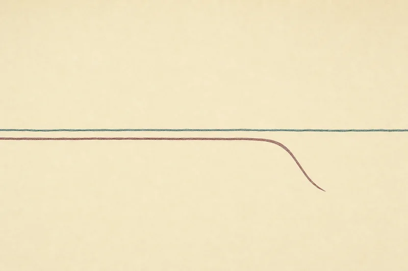 Engraving of two fine threads on ivory: a peacock-green line runs level across the frame while the garnet line beside it dips and ends early: one timeline cut short.