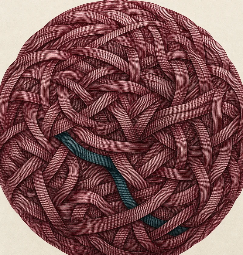 A dense circular weave of fine garnet threads on ivory paper, one peacock-colored thread running through the middle of the knot: a study of a family, interwoven.