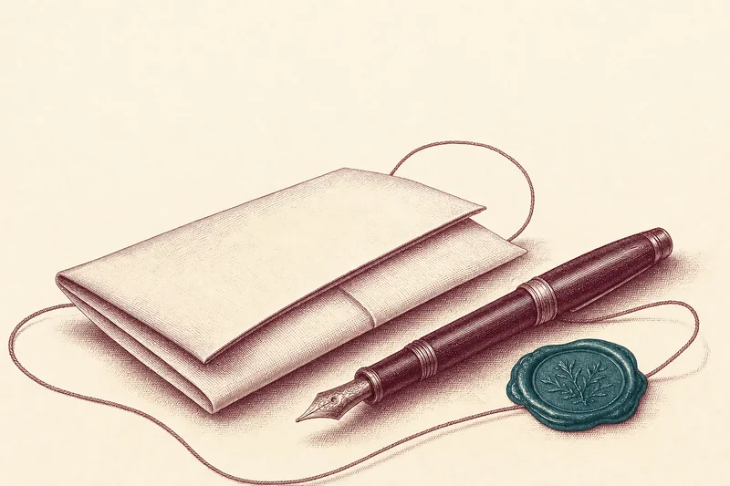 Engraving of garnet threads woven into a dense circle on ivory paper, a single peacock-green thread running through the weave, a household bound together